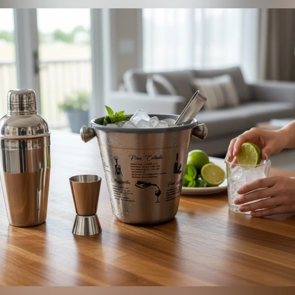 Stainless Steel Cocktail Shaker Bar Set Ice Bucket Jigger Bartender Kit New